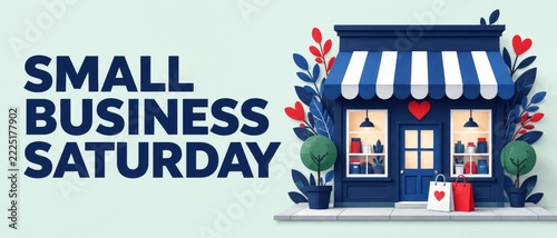 Small Business Saturday with navy paper storefront on mint background