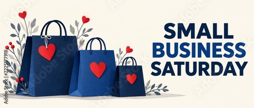 Small Business Saturday panoramic banner with three blue shopping bags