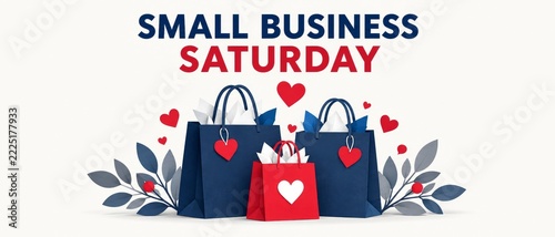Small Business Saturday with blue and red shopping bags on white