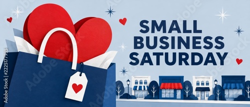 Small Business Saturday with heart shopping bag and miniature storefronts
