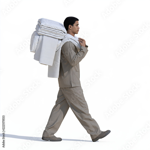 Southeast Asian Male Housekeeping Attendant Carrying Linens in Uniform