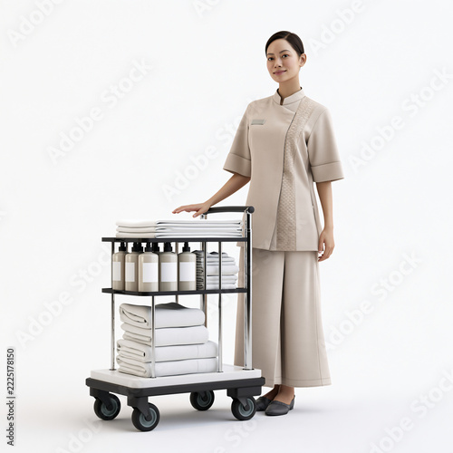 Professional Southeast Asian Hotel Attendant with Cart in Room Setting