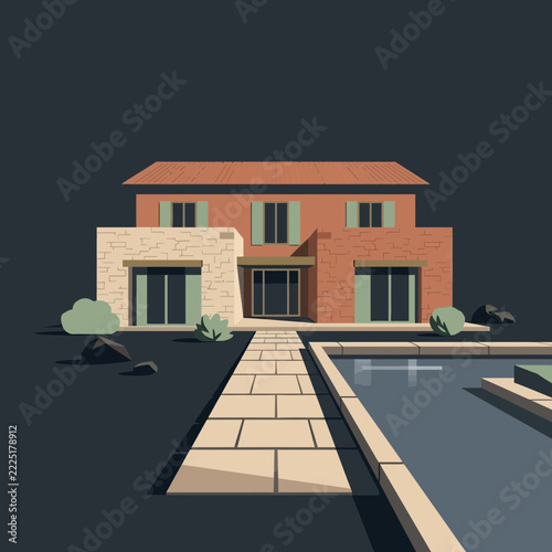 Modern house with swimming pool and stone path, minimalist architectural illustration
