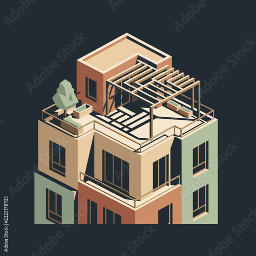 Modern Isometric Building Design with Rooftop Garden and Pergola