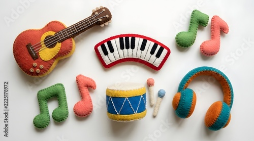 Colorful felt musical instruments and notes on white background