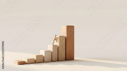 Wooden figure climbing ascending bar graph in minimalist setting