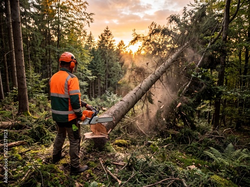 Ein Forstarbeiter fällt bei Sonnenuntergang einen Baum