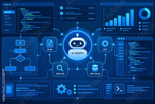 Blue AI Agent Workflow Dashboard with Code Charts and Connected Gear Icons