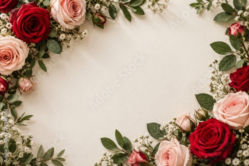 Blank Ivory Greeting Card Framed by Red and Blush Roses with Green Leaves