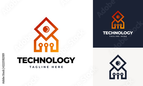 Tech rocket minimalist wire circuit designs logo template, Creative house rocket idea logo designs concept
