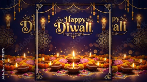 Elegant Happy Diwali Greeting Card with Golden Typography, Glowing Diyas, Marigold Flowers and Ornate Purple Background