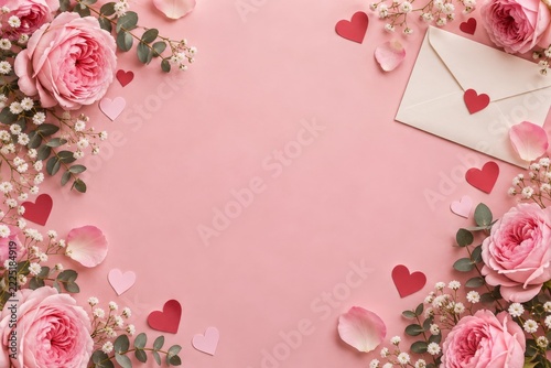 Pink flowers envelope and paper hearts framing a pastel romantic flat lay