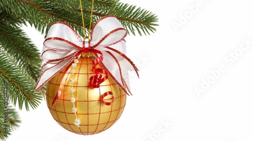 a golden Christmas bauble ornament hanging from a lush pine tree