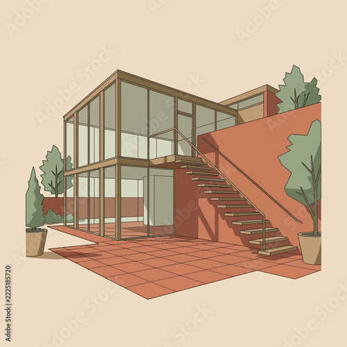 Modern glass house with exterior staircase and terracotta patio