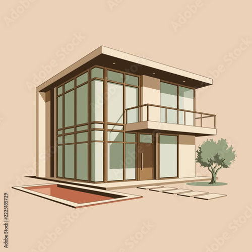 Modern House with Pool and Tree Illustration