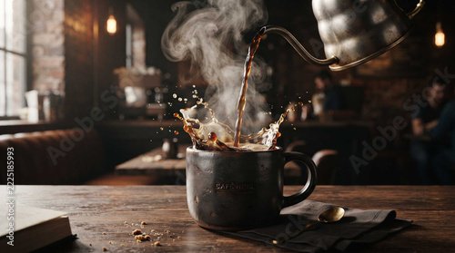 Hot coffee being poured into a rustic ceramic mug on a wooden table with steam rising and splashing