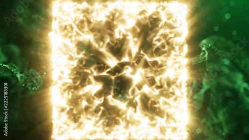 Abstract glowing golden energy square radiating light in a dark green digital space.