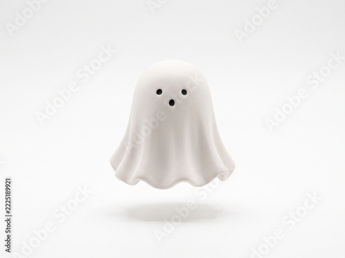Cute white ceramic ghost figurine floating with soft shadow on light gray background, minimalist Halloween decoration