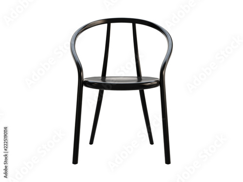 Black painted birch wood chair with a rounded open backrest, curved frame and circular seat, minimalist modern design, 3D render isolated on a transparent background.