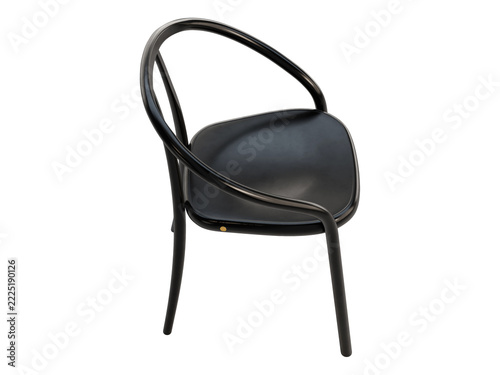 Black painted birch wood chair with a rounded open backrest, curved frame and circular seat, minimalist modern design, 3D render isolated on a transparent background.