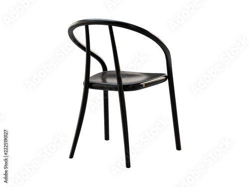Black painted birch wood chair with a rounded open backrest, curved frame and circular seat, minimalist modern design, 3D render isolated on a transparent background.