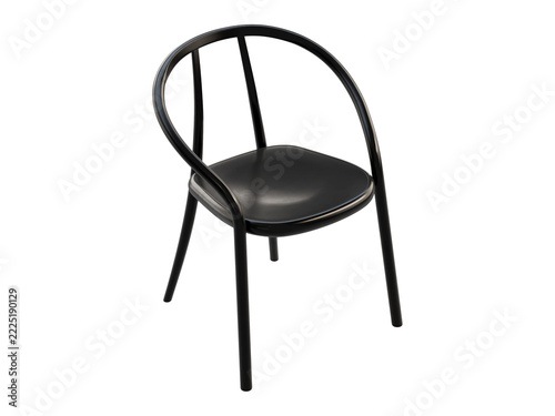 Black painted birch wood chair with a rounded open backrest, curved frame and circular seat, minimalist modern design, 3D render isolated on a transparent background.