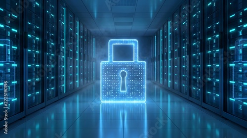 Glowing Padlock in Data Center Server Room Cybersecurity Concept