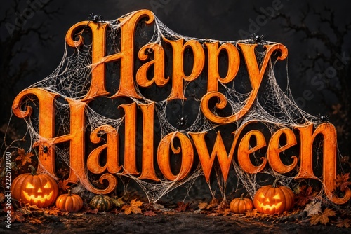 Orange Halloween greeting lettering covered in spiderwebs with pumpkins