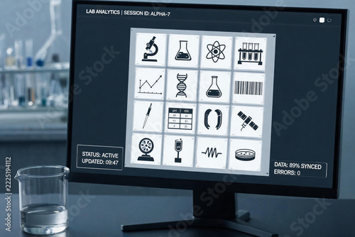Laboratory analytics dashboard displaying scientific icons and real-time data synchronization status