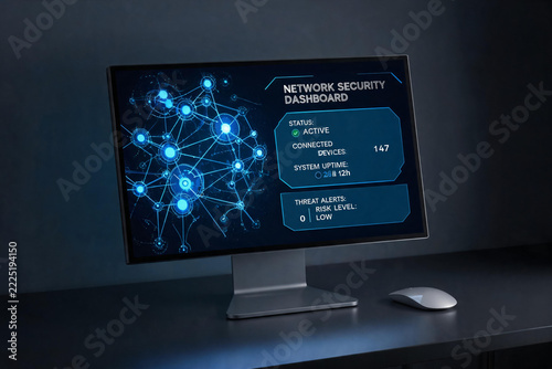 Network security dashboard displaying active status, connected devices, system uptime, and low risk alert on computer monitor