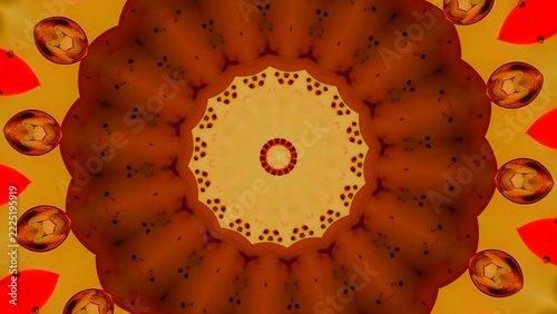 Abstract Kaleidoscope Pattern with Warm Colors and Geometric Shapes.