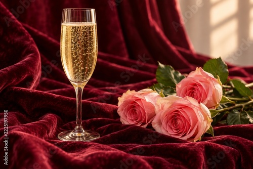 Champagne flute and pink roses resting on richly folded burgundy velvet