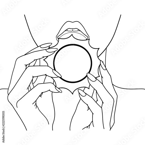 Surreal woman eating sun conceptual line art
