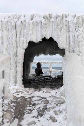Natural ice cave formed at the Den Permanente sea baths in Aarhus, Denmark, in February 2026