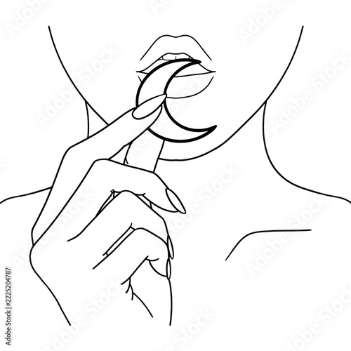 Surreal woman eating moon conceptual line art