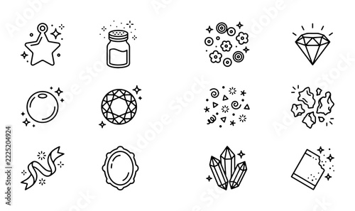 Sparkling gems and crystals line icons set with star, diamond, ribbon and confetti for graphic design