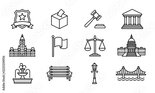 Government and law line icon set with police badge, ballot box, gavel, courthouse, capitol building, scales of justice, bridge
