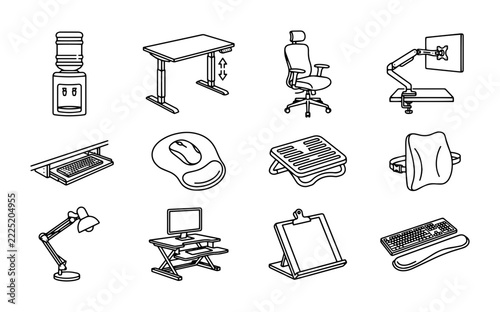 Office furniture and accessories line icon set with adjustable desk, chair, monitor arm and lamp for app and web