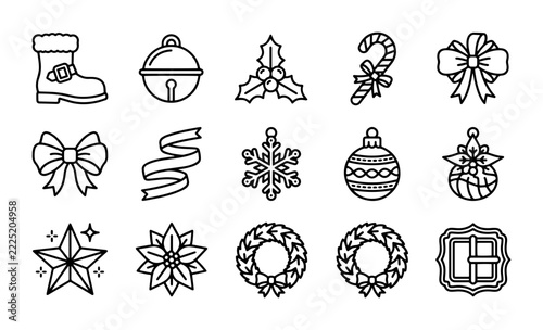 Christmas line icons set with boot, bell, holly, candy cane, ribbon, snowflake, bauble, star and wreath for holiday design
