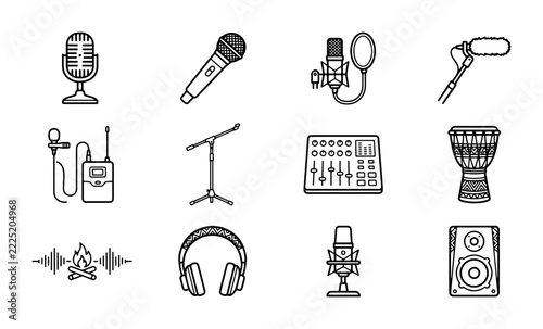 Audio recording line icons with microphones, headphones, mixer, speaker, and drum for music production and sound design
