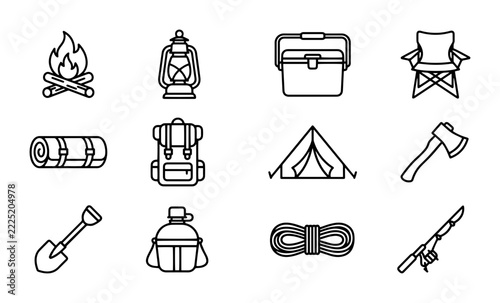 Camping line icon set with campfire, lantern, cooler, chair, sleeping bag, backpack, tent, axe, shovel, canteen, rope