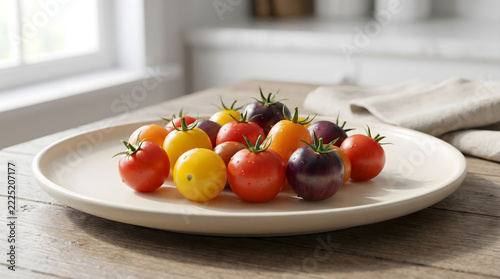 A close up view of fresh baby heirloom tomato varieties arranged on a ceramic plate in a bright kitchen