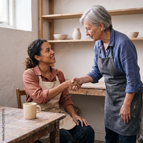 Smiling craft instructor and student shaking hands in a creative pottery workshop
