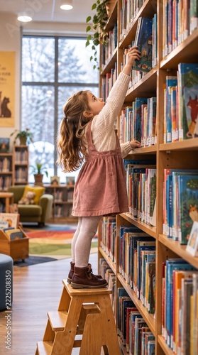 Little girl standing on a stool reaching for a storybook on a high library shelf