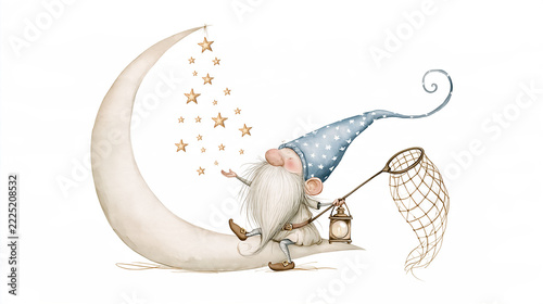 Adorable cute fairytale Scandinavian gnome holding a net with a net, catching stars, moon, on a white background, flat design illustration