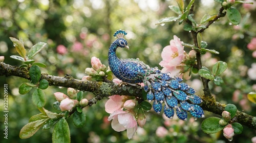Intricate Peacock Brooch on Blooming Cherry Branch with Green Foliage