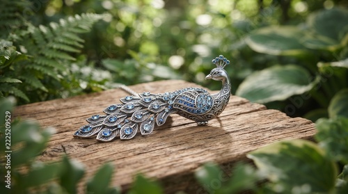 Elegant Silver Peacock Jewelry Piece with Blue Gemstones on Rustic Wood