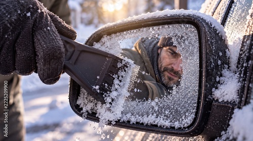 Man scraping ice from a frozen car mirror with his face reflected in the glass