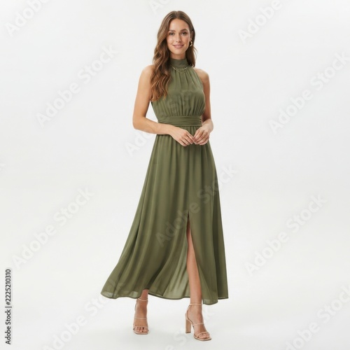 Beautiful young woman wearing a stylish green sleeveless maxi dress standing and posing isolated on white background