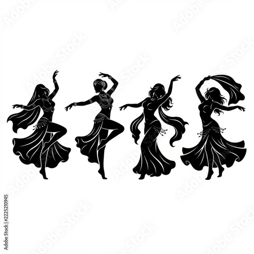 Set of four belly dancer silhouettes in different dance poses isolated on white background